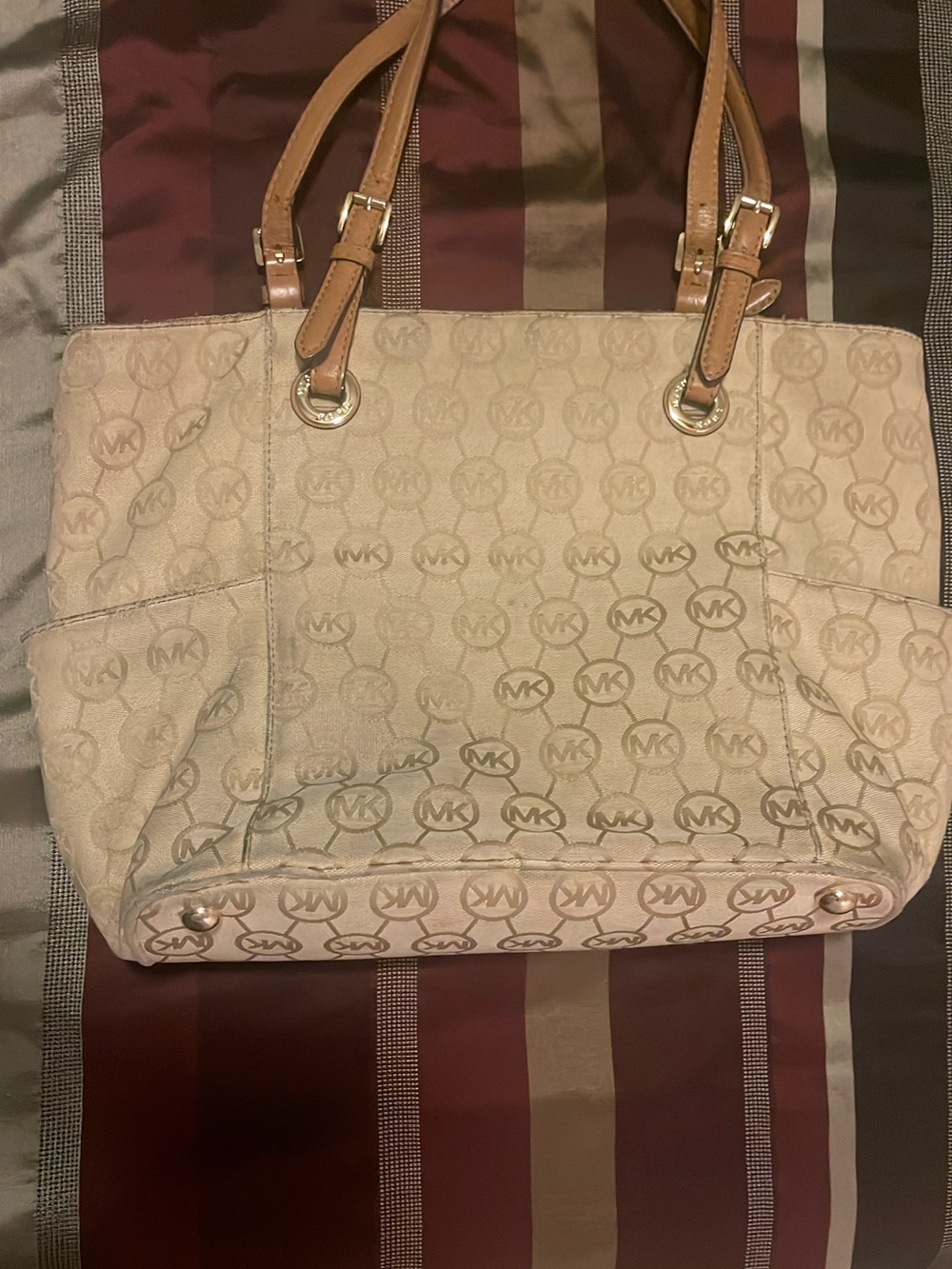 Michael Kors Tan and Beige Logo Tote with MK Charm - Picture 4 of 9